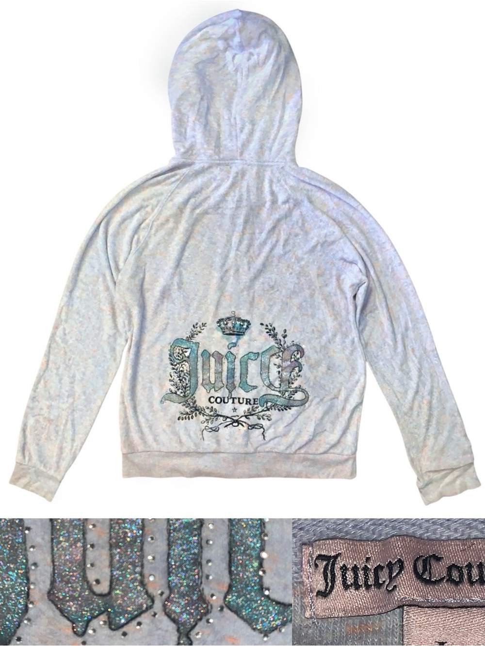 Y2K Juicy Couture Terry Drip Hoodie Sweatshirt Rhinestones Bling